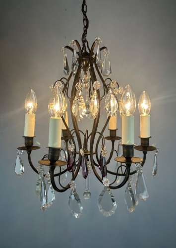 French Dark Brass 6 Light Birdcage Antique Chandelier