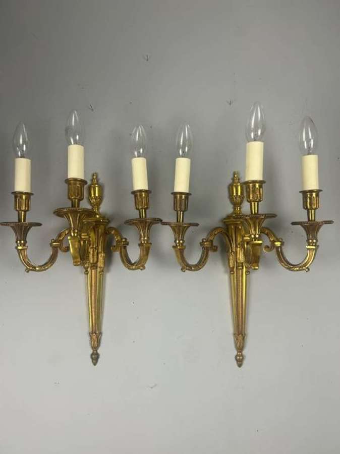Pair Of French Triple Arm Gilt Brass Antique Wall Lights