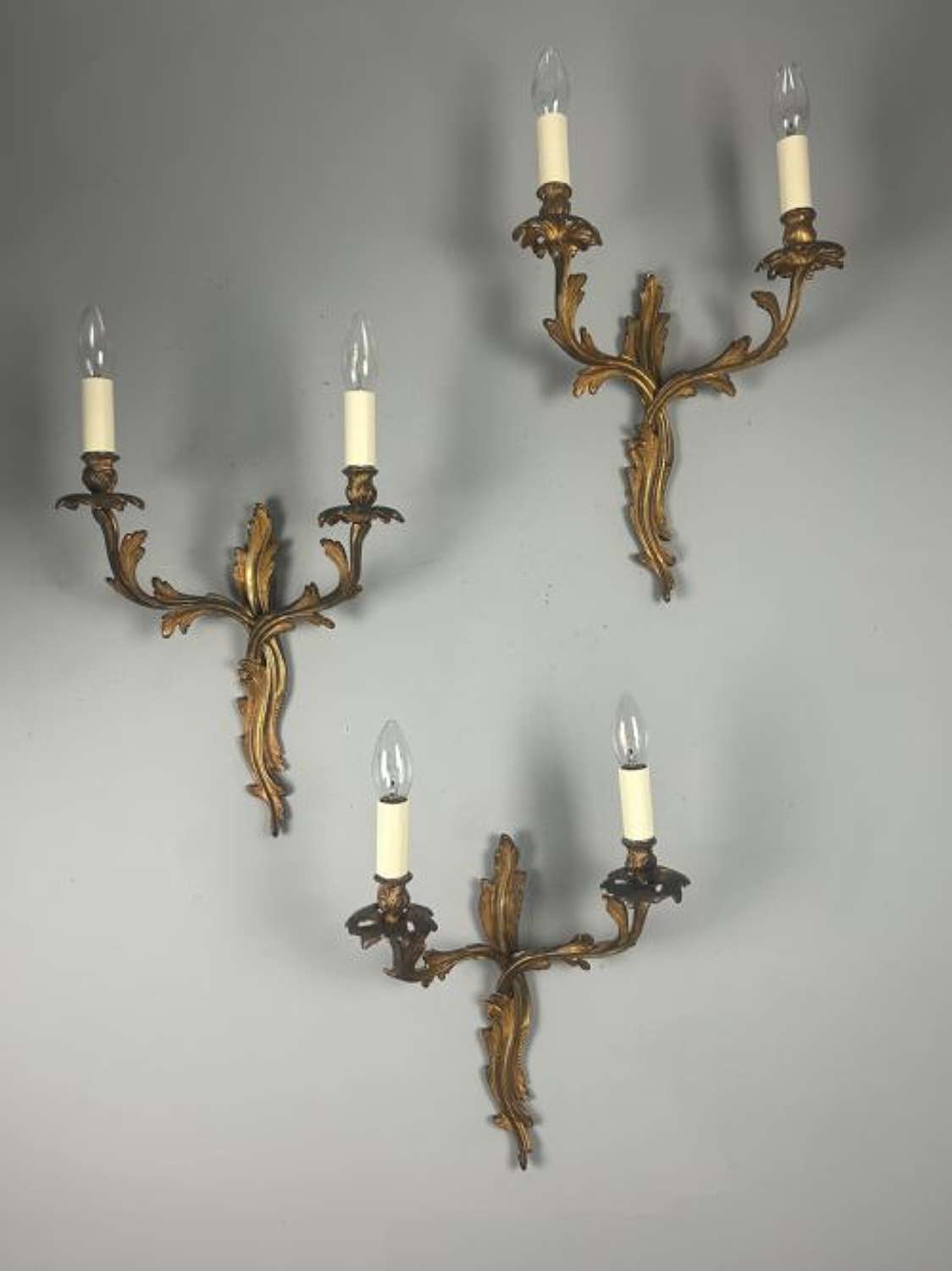 Set of 3 Aged Gilt Brass French Antique Wall Lights