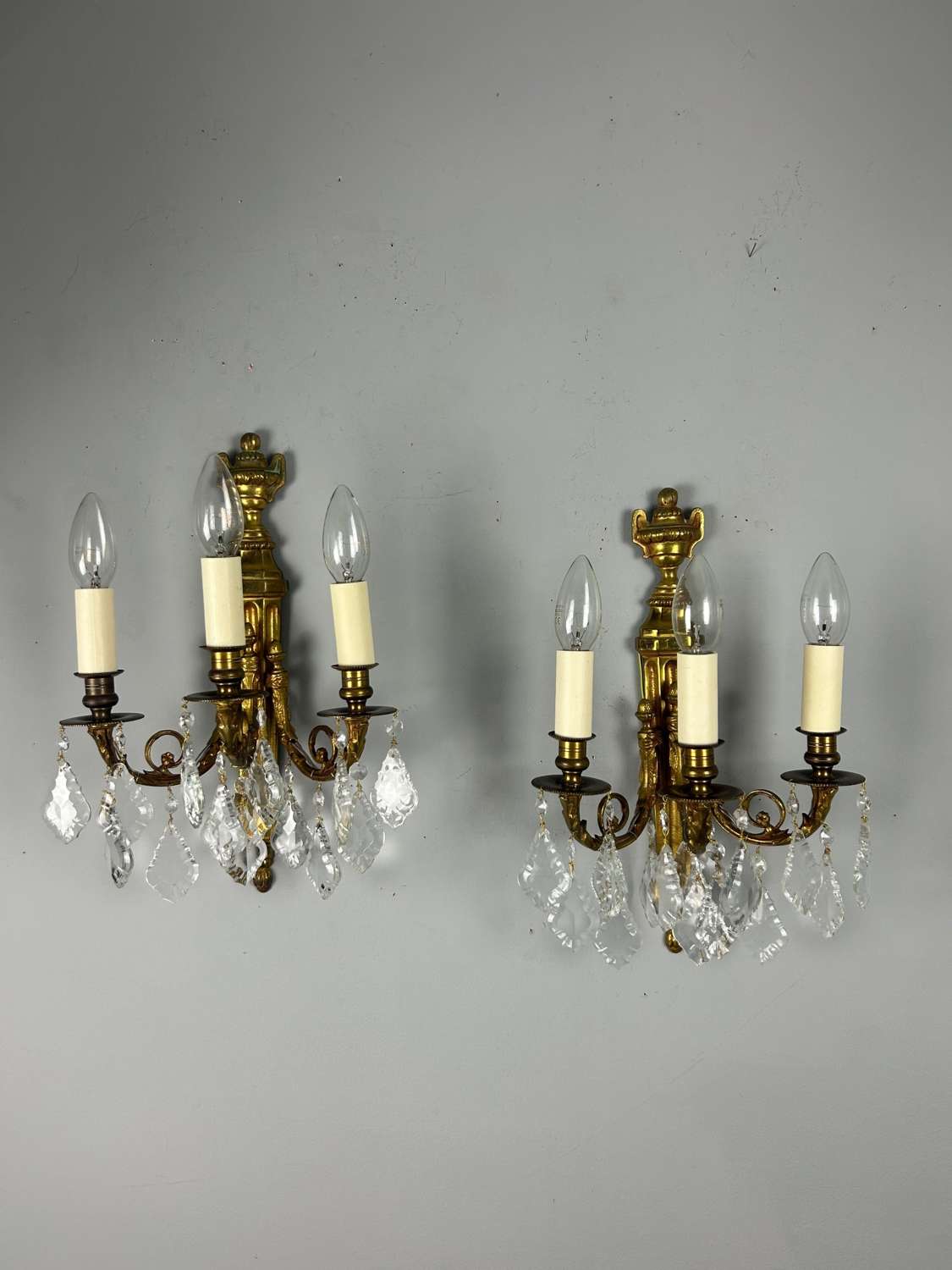 Pair Of French Triple Arm Brass Wall Lights With Glass Droppers