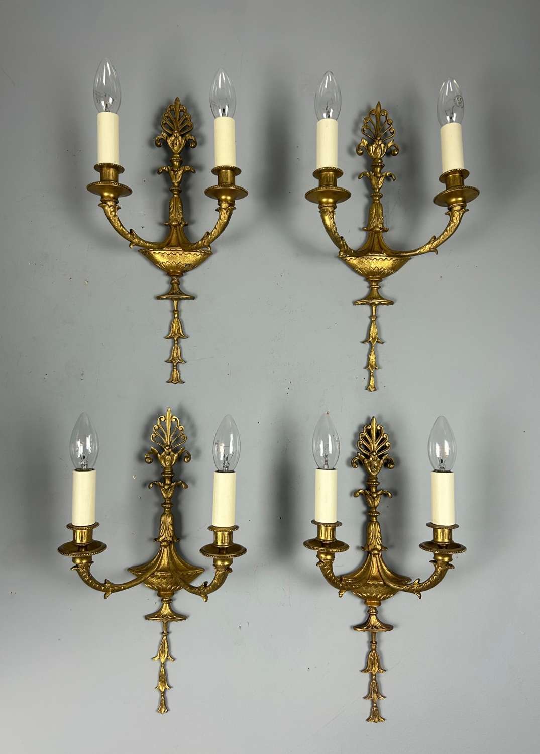 French Set Of Four Twin Arm Antique Wall Lights, Rewired