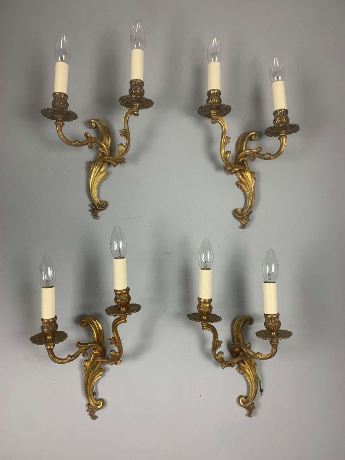 Set Of 4 French Gilded Twin Arm Antique Wall Lights