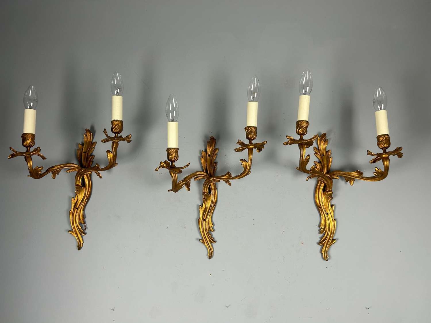 Set Of 3 Large Rococo Gilt French Antique Wall Lights