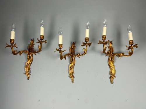 Set Of 3 Large Rococo Gilt French Antique Wall Lights