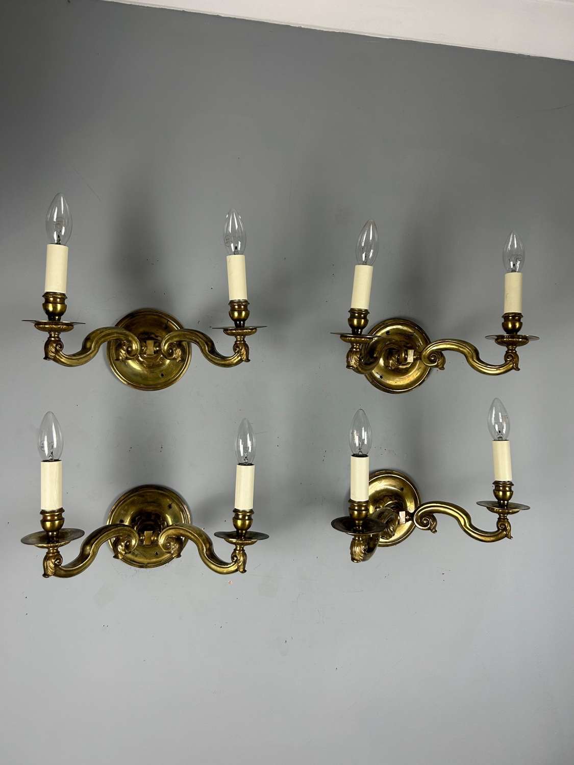 Set Of 4 English Brass Antique Wall Lights, Rewired