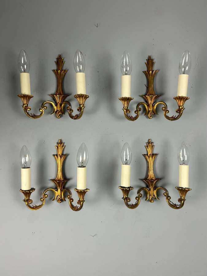 Set Of 4 Small French Gilded Twin Arm Antique Wall Lights