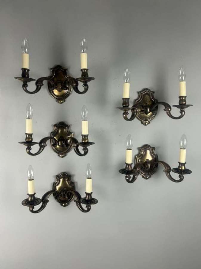 Set of Five Aged Brass English Shield Antique Wall Lights, Rewired