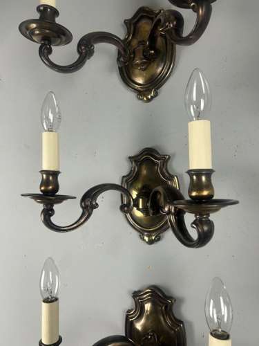 Set of Five Aged Brass English Shield Antique Wall Lights, Rewired