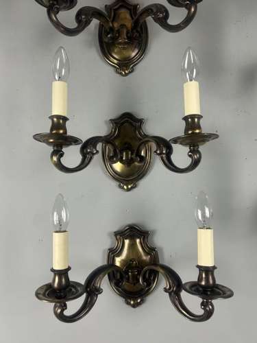 Set of Five Aged Brass English Shield Antique Wall Lights, Rewired