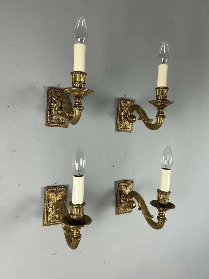 Set Of 4 Single Light Gilt Brass Antique Wall Lights, Rewired