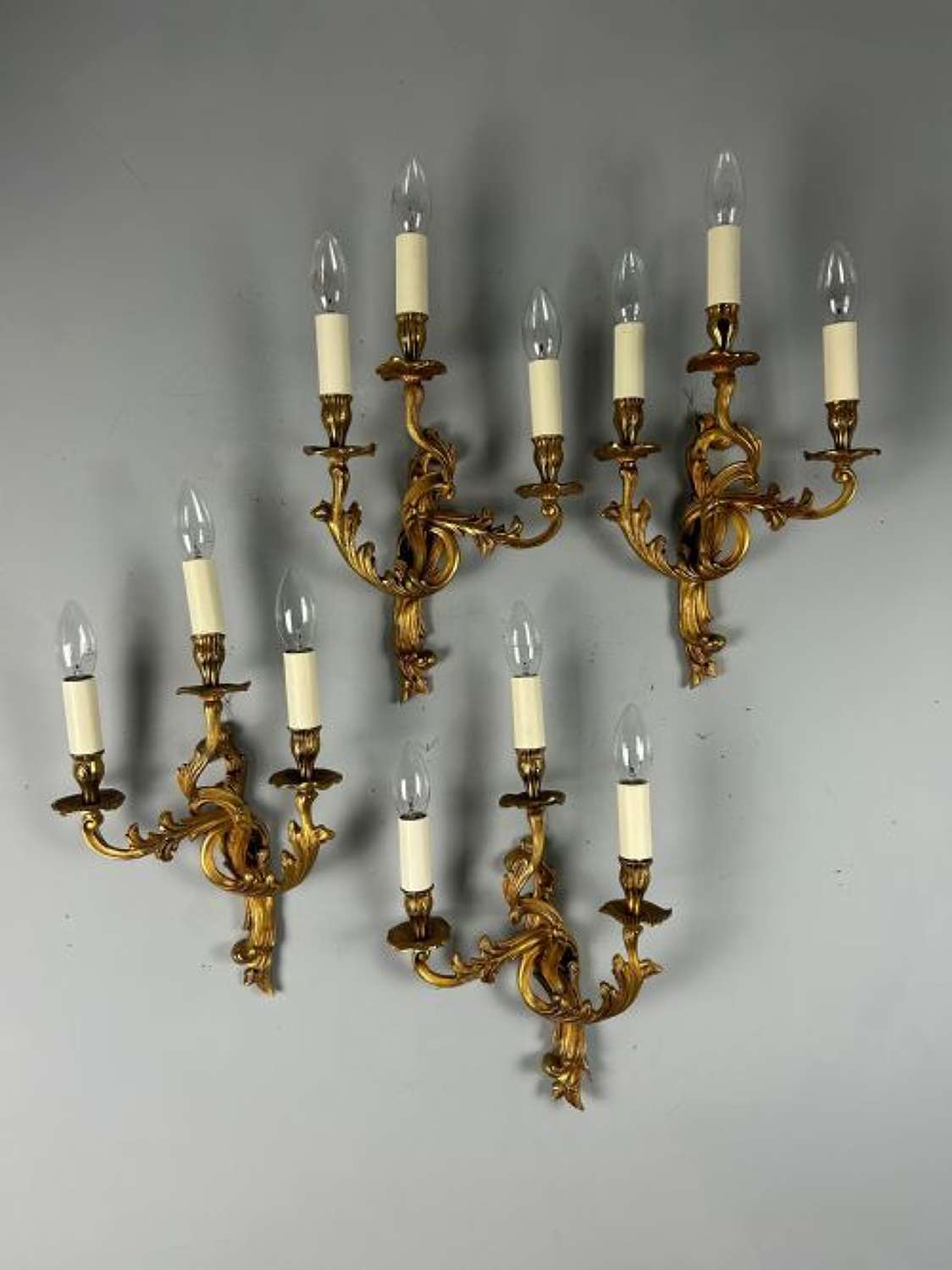Set Of 4 French Gilded Triple Arm Antique Wall Lights