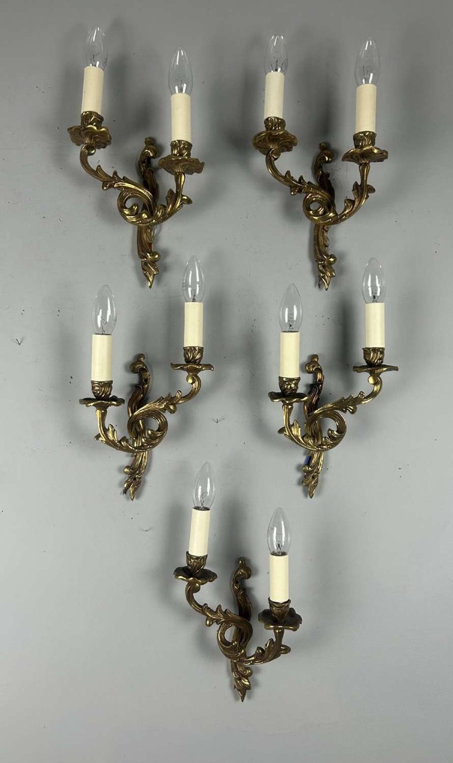 Set Of 5 Small French Gilt Brass Antique Wall Lights