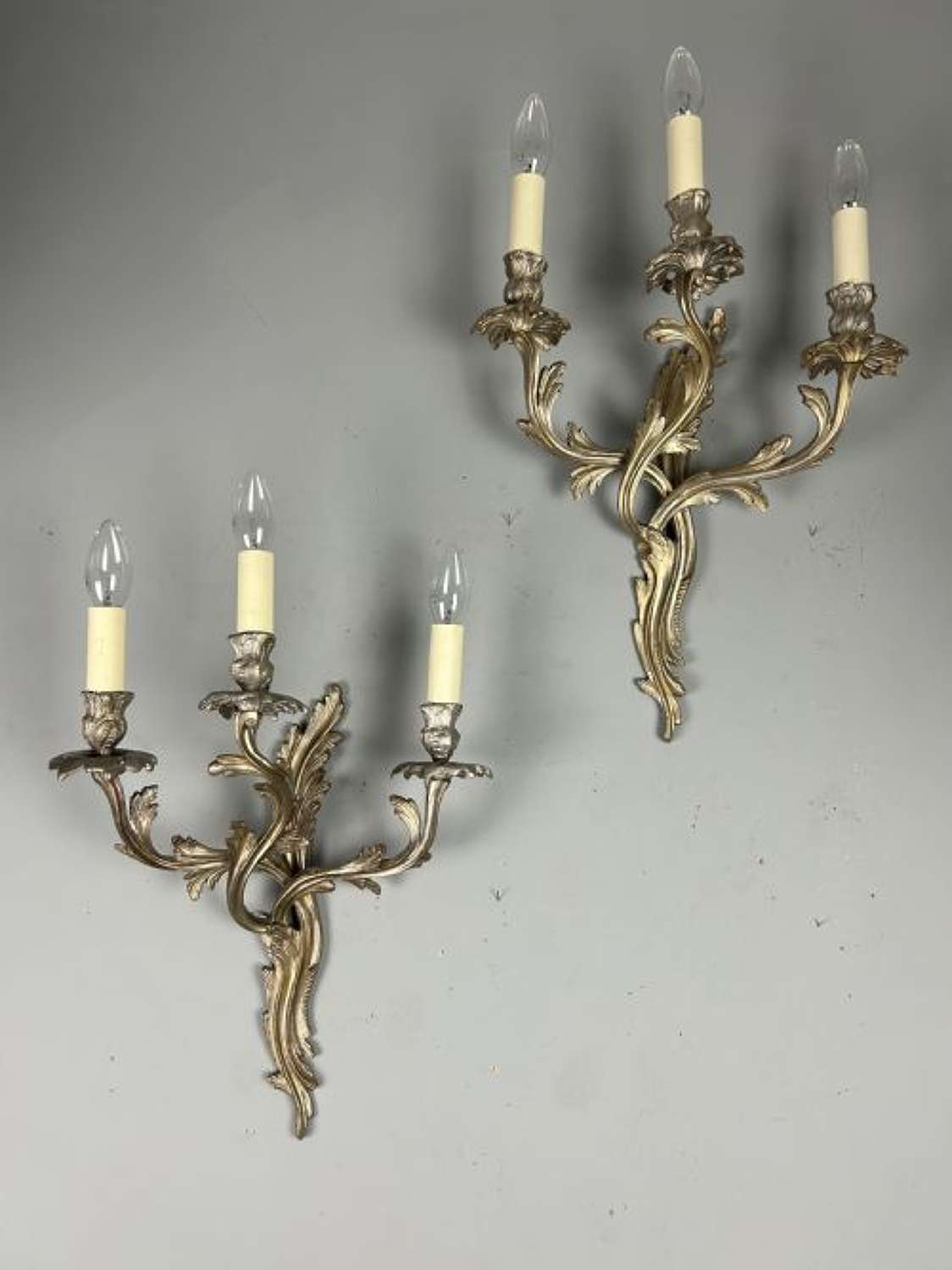 Pair Of French Triple Arm Silver Gilt Brass Antique Wall Lights