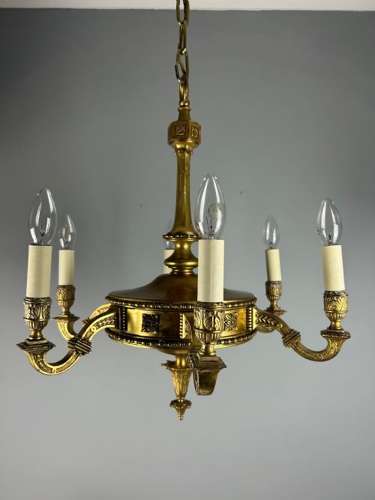 English Art Nouveau c1910 6 Arm Antique Brass Chandelier
