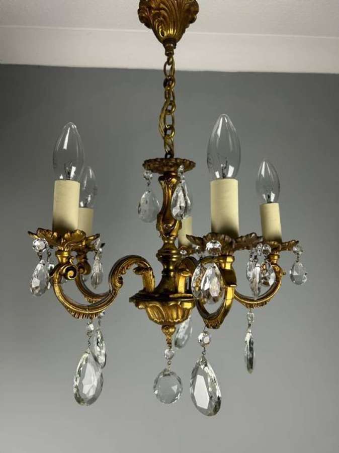 French Gilded Bronze 5 Light Antique Crystal Chandelier