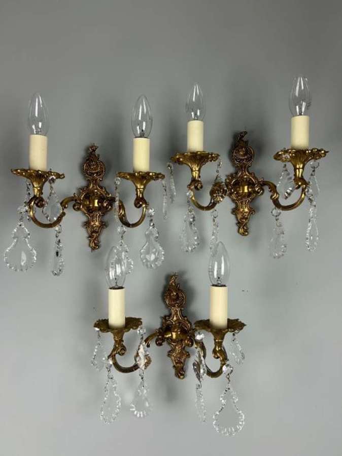 Set of 3 French Gilded Twin Arm Antique Wall Light with Glass Droppers