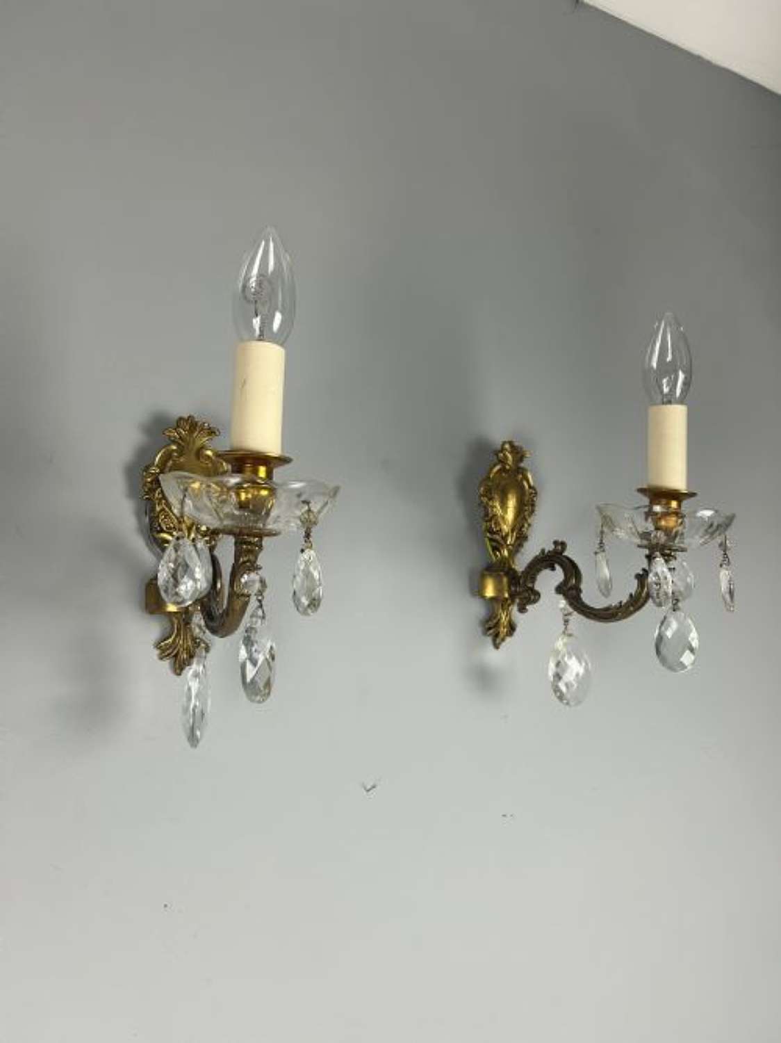 Pair of French Single Arm Brass Antique Wall Lights with Glass Dropper
