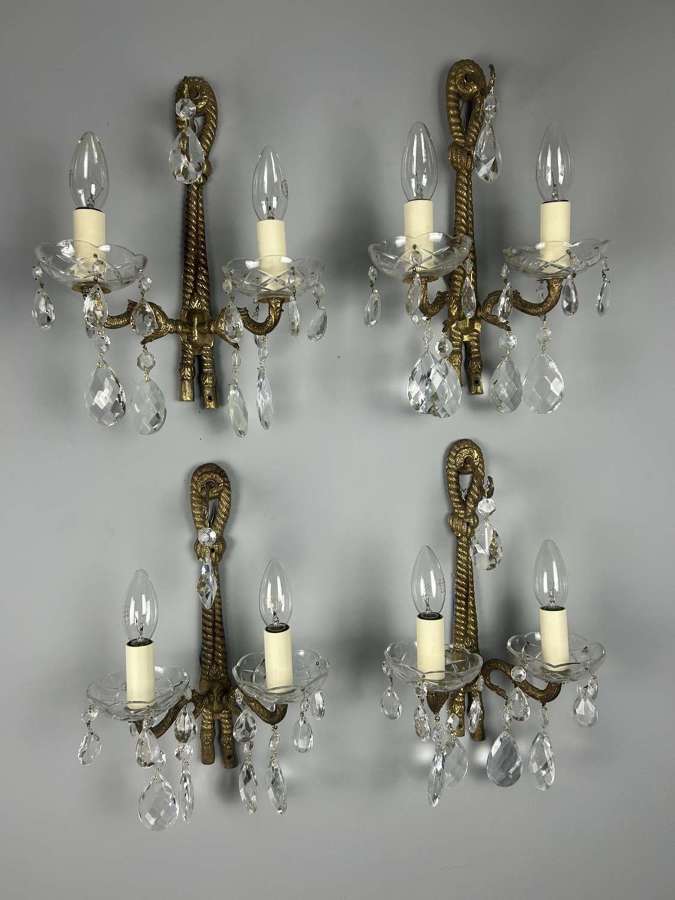 Set Of 4 French Antique Wall Lights With Crystals
