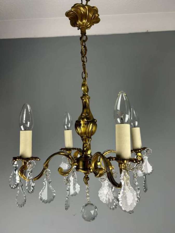 French Gilded Bronze 4 Light Antique Crystal Chandelier