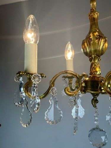 French Gilded Bronze 4 Light Antique Crystal Chandelier
