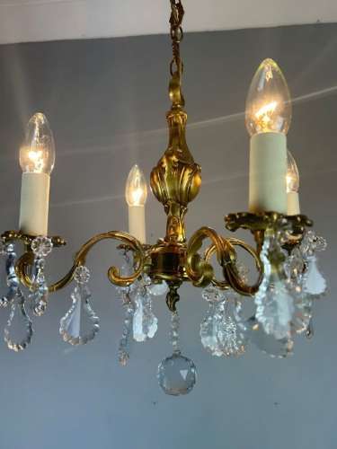 French Gilded Bronze 4 Light Antique Crystal Chandelier
