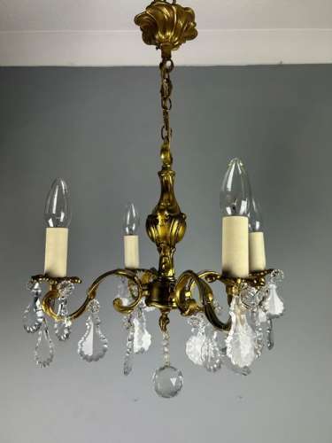 French Gilded Bronze 4 Light Antique Crystal Chandelier