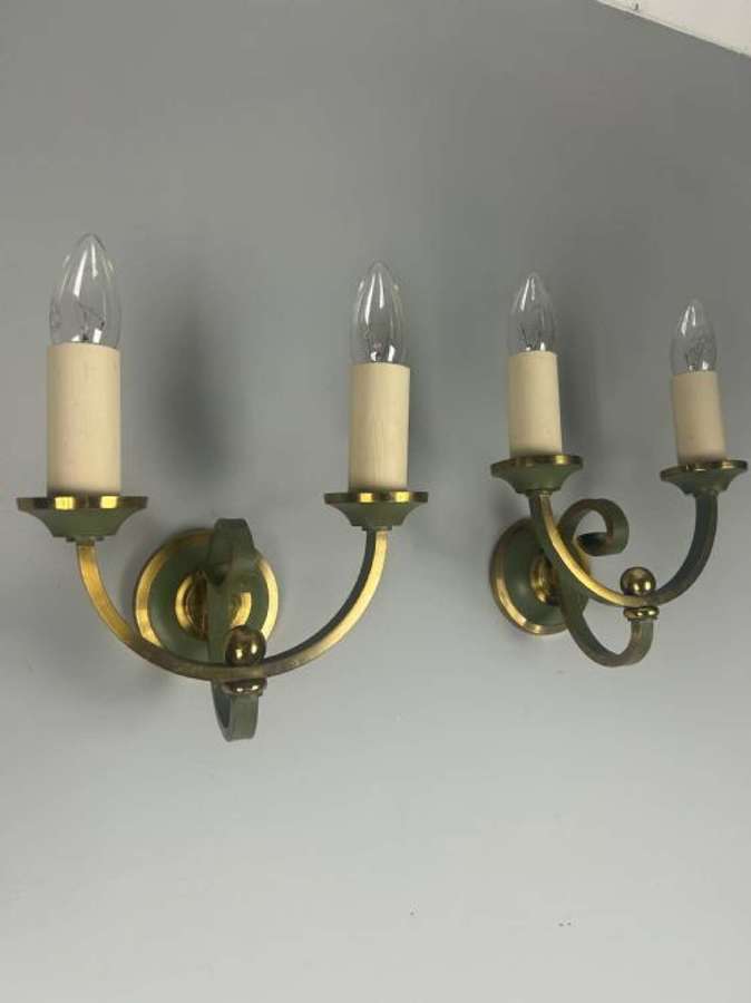 Pair of French Art Deco Green Enamel & Brass Wall Lights