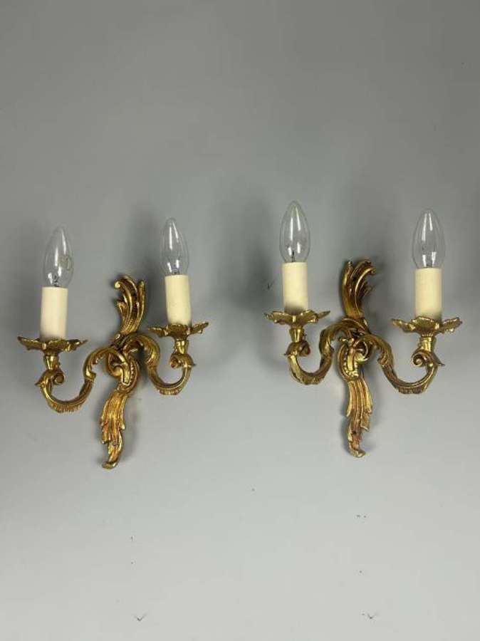 Pair of French Gilded Twin Arm Antique Wall Lights