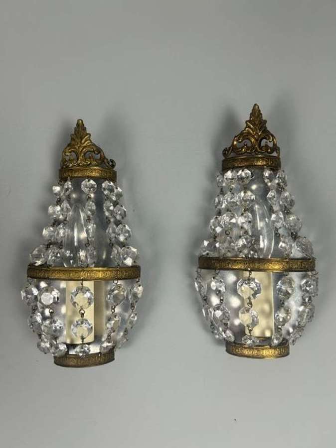 Pair of Single Light French Montgolfier Crystal Wall Lights