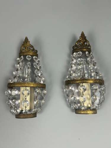 Pair of Single Light French Montgolfier Crystal Wall Lights