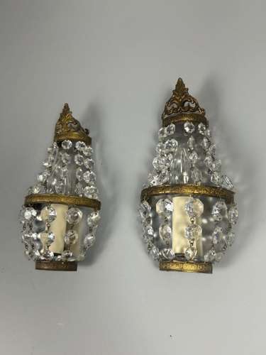 Pair of Single Light French Montgolfier Crystal Wall Lights