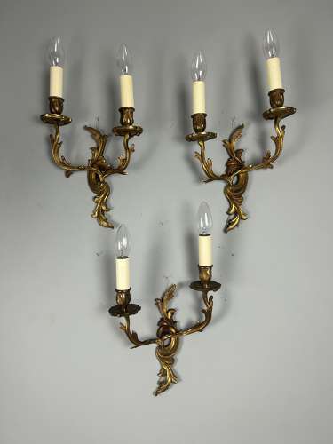 Set Of 3 French Gilt Brass Antique Wall Lights