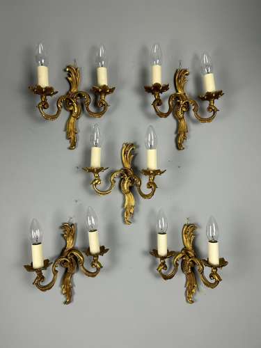 Set Of 5 French Gilded Twin Arm Antique Wall Lights