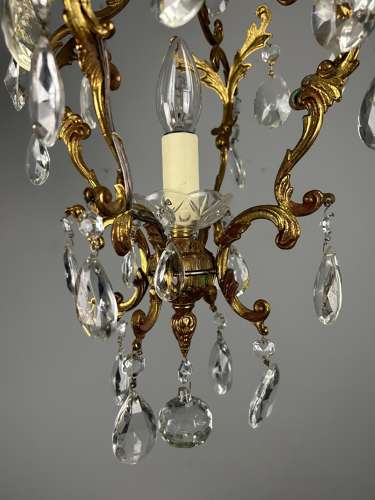 French Single Light Gilt Brass Crystal Antique Chandelier