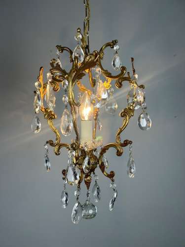 French Single Light Gilt Brass Crystal Antique Chandelier