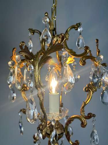 French Single Light Gilt Brass Crystal Antique Chandelier