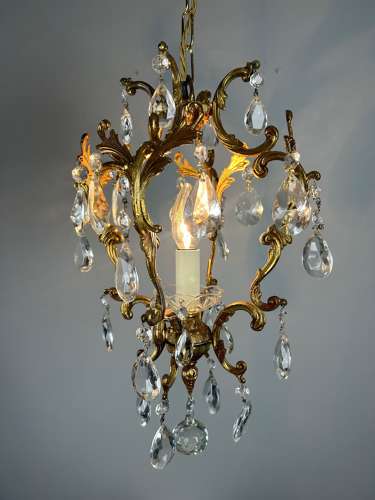 French Single Light Gilt Brass Crystal Antique Chandelier