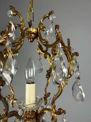 French Single Light Gilt Brass Crystal Antique Chandelier