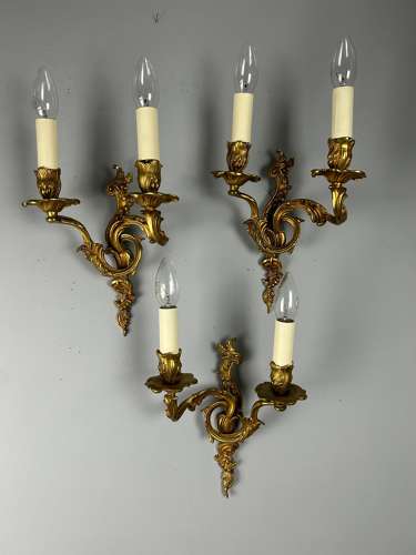 Set Of 3 Gilt French Antique Wall Lights, Rewired