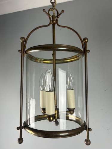 French Triple Light Aged Brass Lantern, Rewired