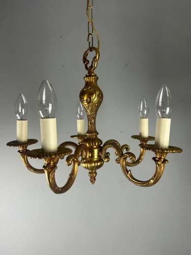 French Gilt Brass 5 Light Antique Chandelier