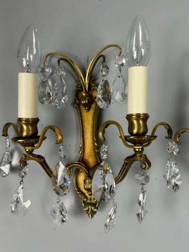 Pair Of French Gilded Twin Arm Antique Wall Lights With Crystals