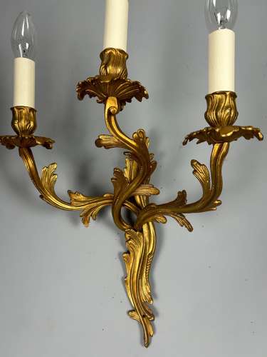 Single French Large Triple Arm Gilt Brass Antique Wall Light, Rewired