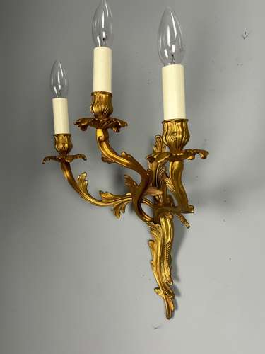 Single French Large Triple Arm Gilt Brass Antique Wall Light, Rewired
