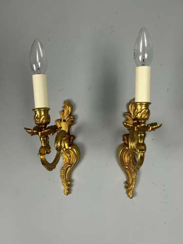 French Pair Of Single Arm Antique Bronze Wall Lights