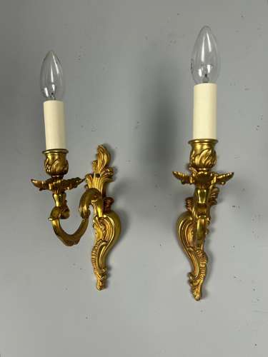 French Pair Of Single Arm Antique Bronze Wall Lights