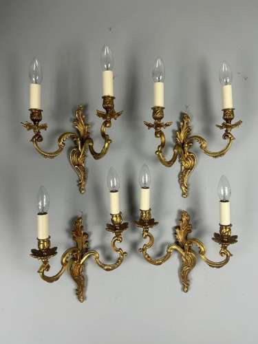 Set Of 4 French Gilded Twin Arm Antique Wall Lights, Rewired