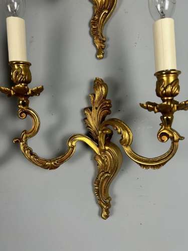 Set Of 4 French Gilded Twin Arm Antique Wall Lights, Rewired