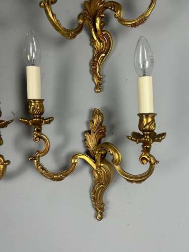 Set Of 4 French Gilded Twin Arm Antique Wall Lights, Rewired