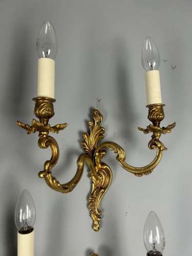 Set Of 4 French Gilded Twin Arm Antique Wall Lights, Rewired